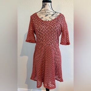 Maison Jules Medium Midi Dress with Striped Underlay & Pink Lace Overlay